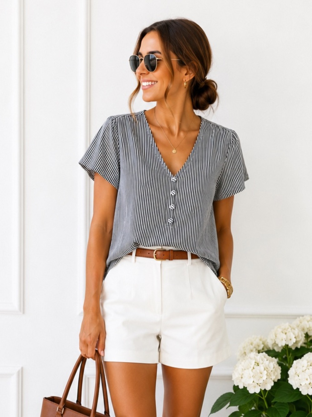LOFT Blue White Striped Flutter Sleeve V-Neck Blouse